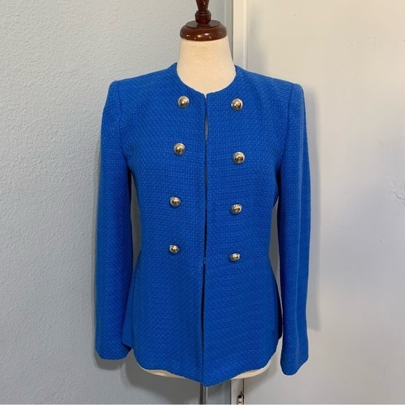 Zara Women Blue High Neck Double Breasted Textured Tailored Cotton Blazer Size M - Picture 10 of 17